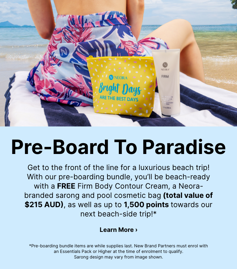 Woman laying on a beach sunbed with Neora's Firm Body Contour Cream, Neora-Branded sarong, and cosmetic bag—FREE with New Brand Partner Enrollment Pack orders.